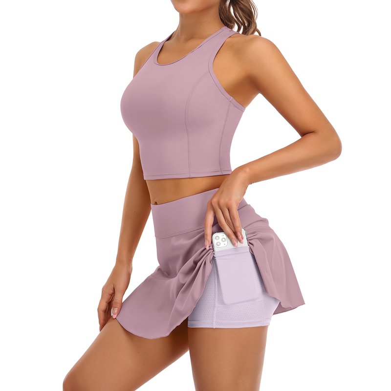 Women's 2 Piece Tennis Skirt Sets with Built-in Shorts & Pockets - Athletic Dress