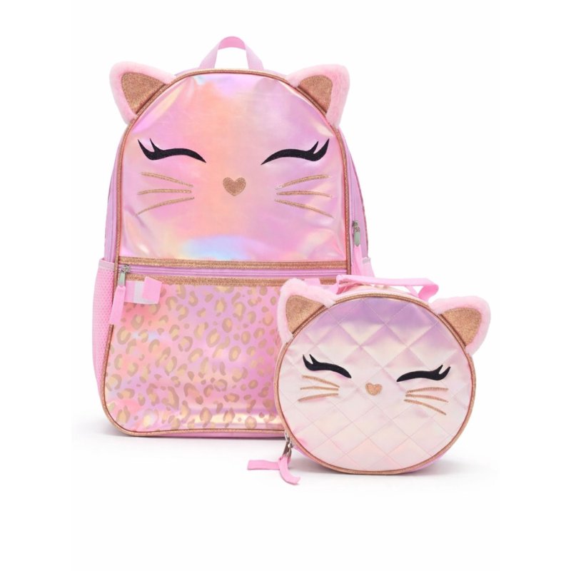 Kids Leopard Cat Backpack & Lunch Box Set - 17 Inch, Pink & Lavender Variants