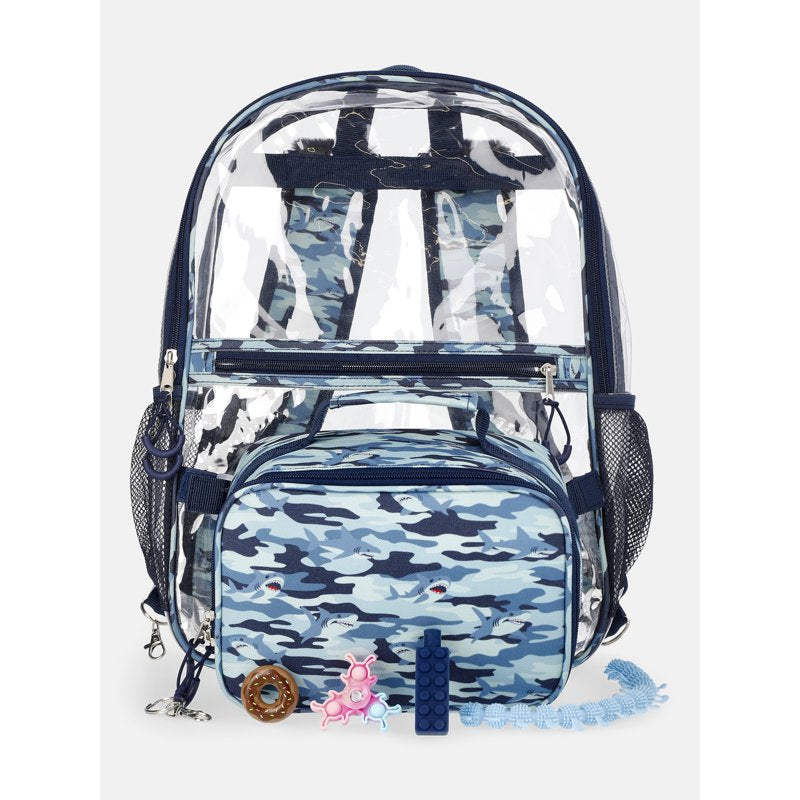 Kids Sensory Backpack and Lunch Tote Set - Clear Shark 17-inch, Blue