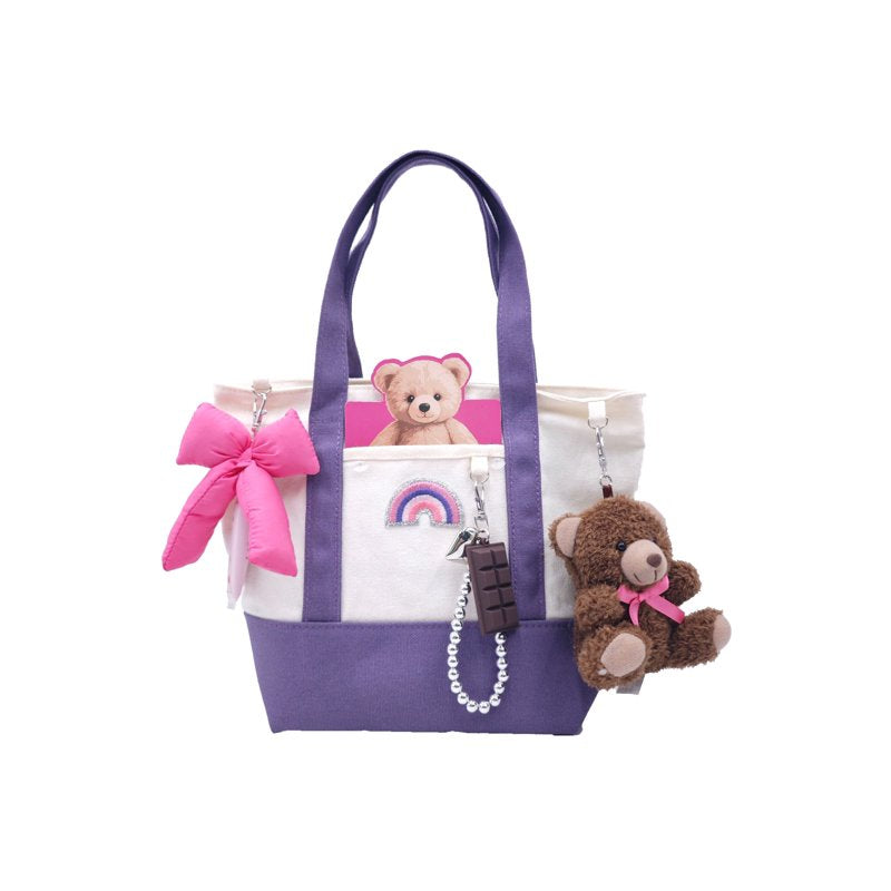 Kids Teddy Bear Mini Tote Bag with Front Pocket & Plush Keychain