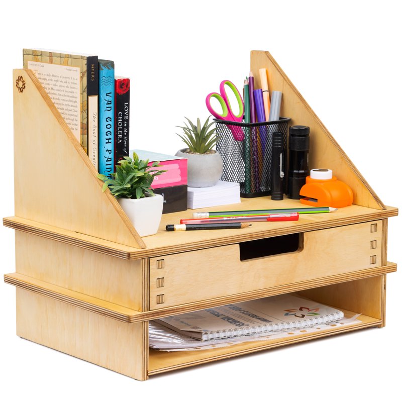 Wooden Desk Organizer with Drawer - Desktop Storage for Office Supplies