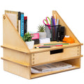 Wooden Desk Organizer with Drawer - Desktop Storage for Office Supplies