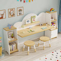 Kids Double Study Desk and Chair Set with Storage, Large Wooden Writing Table