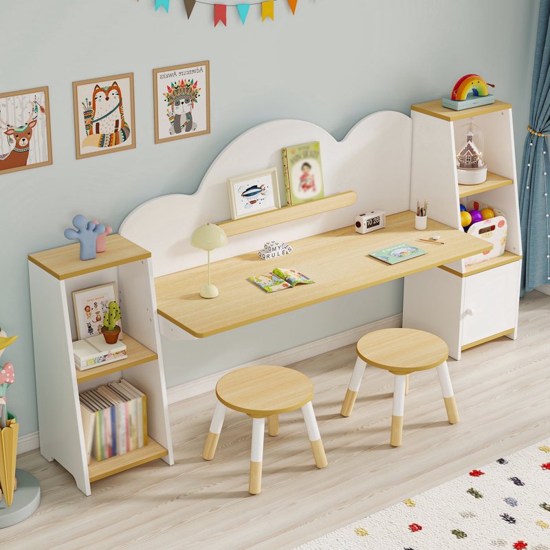 Kids Double Study Desk and Chair Set with Storage, Large Wooden Writing Table