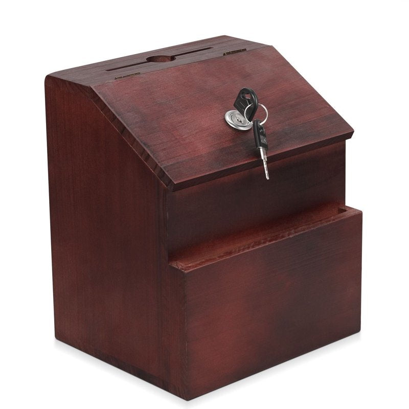 Lockable Wooden Suggestion Box with Key Lock - Wall Mount or Free Standing, Red Mahogany