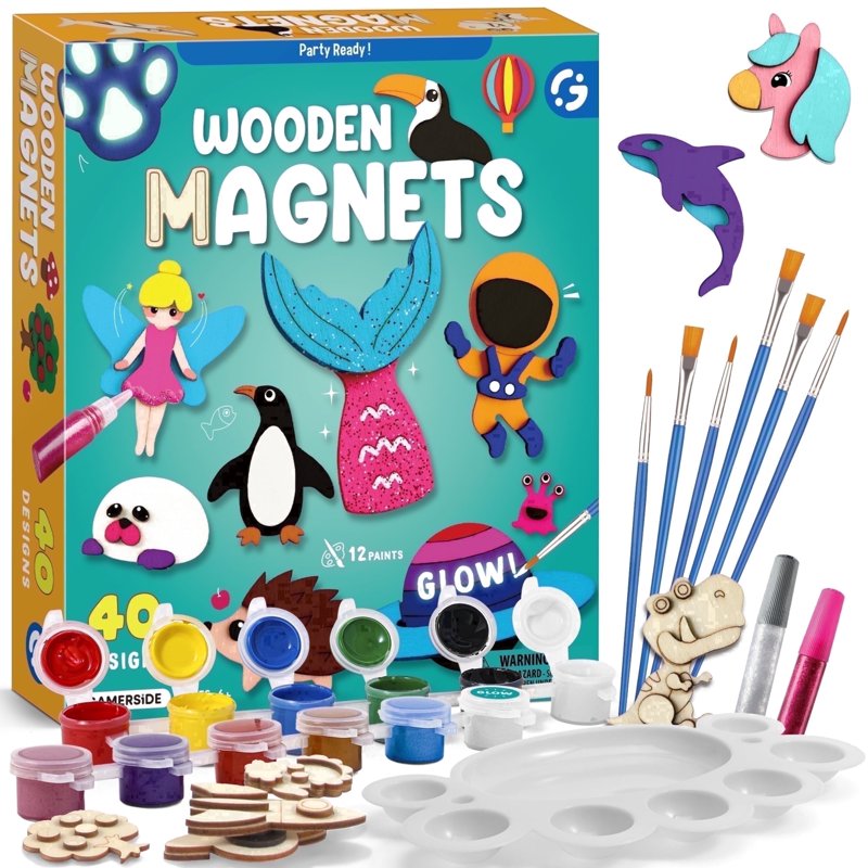 Glow-in-the-Dark Wooden Magnet Painting Kit for Kids - 40 Pieces