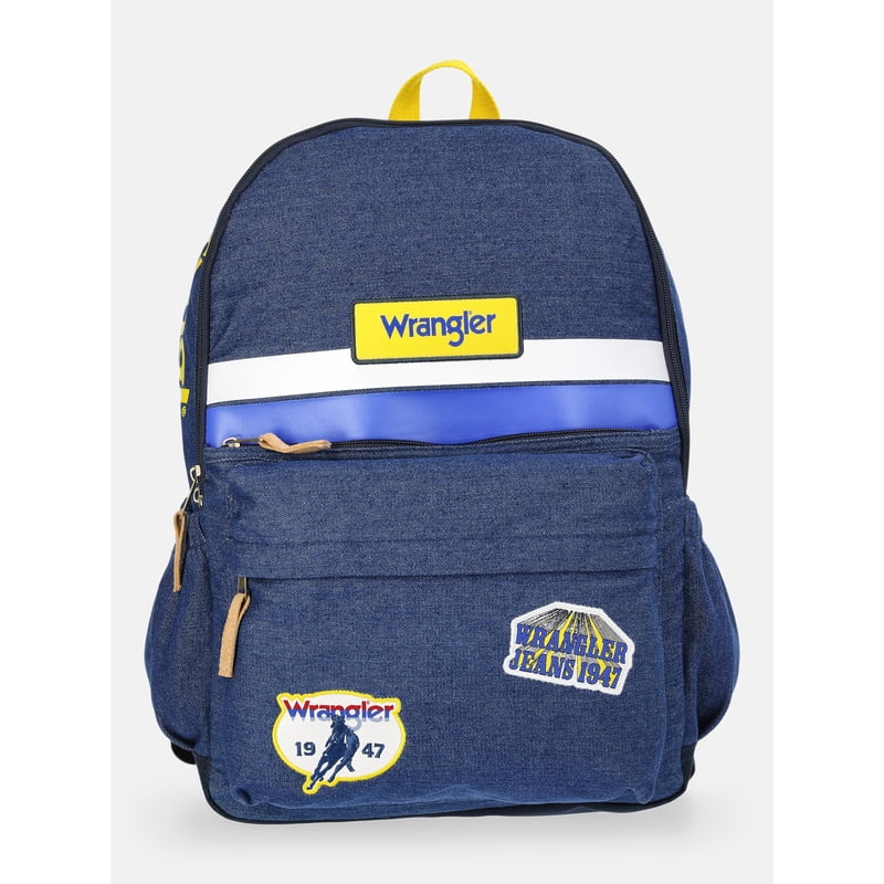 Unisex Denim Backpack with Patches and Padded Laptop Sleeve - 17 Inch School Bag