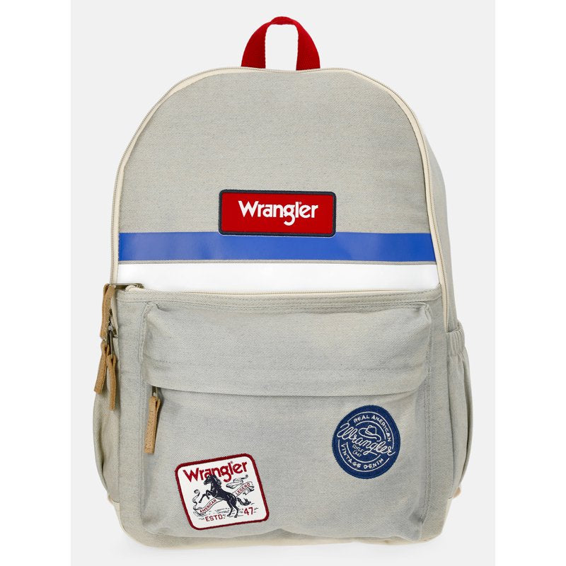 Unisex 17-Inch Denim Backpack with Patches and Color Block Details