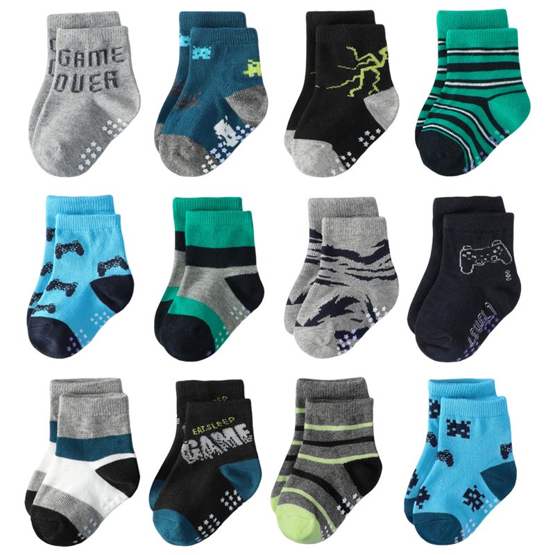 Kids Ankle Socks 12 Pack Non-Slip Grip Cotton Toddler & Baby Socks for Boys Girls