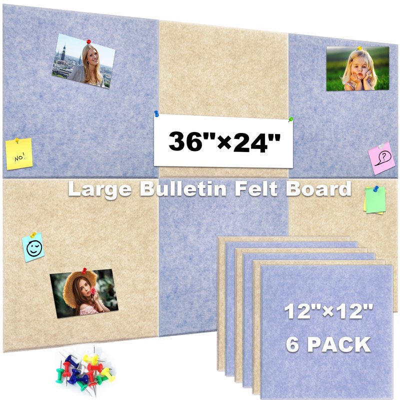Large Felt Bulletin Board Tiles Set with Push Pins for Office Classroom Kitchen