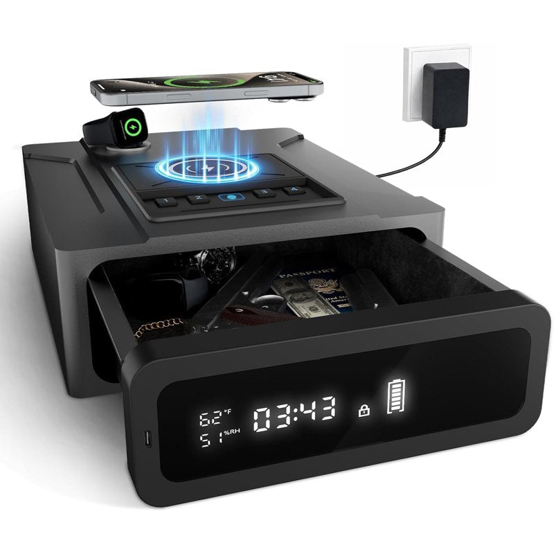 Biometric Smart Safe with Wireless Charging Digital Clock and Quick Access