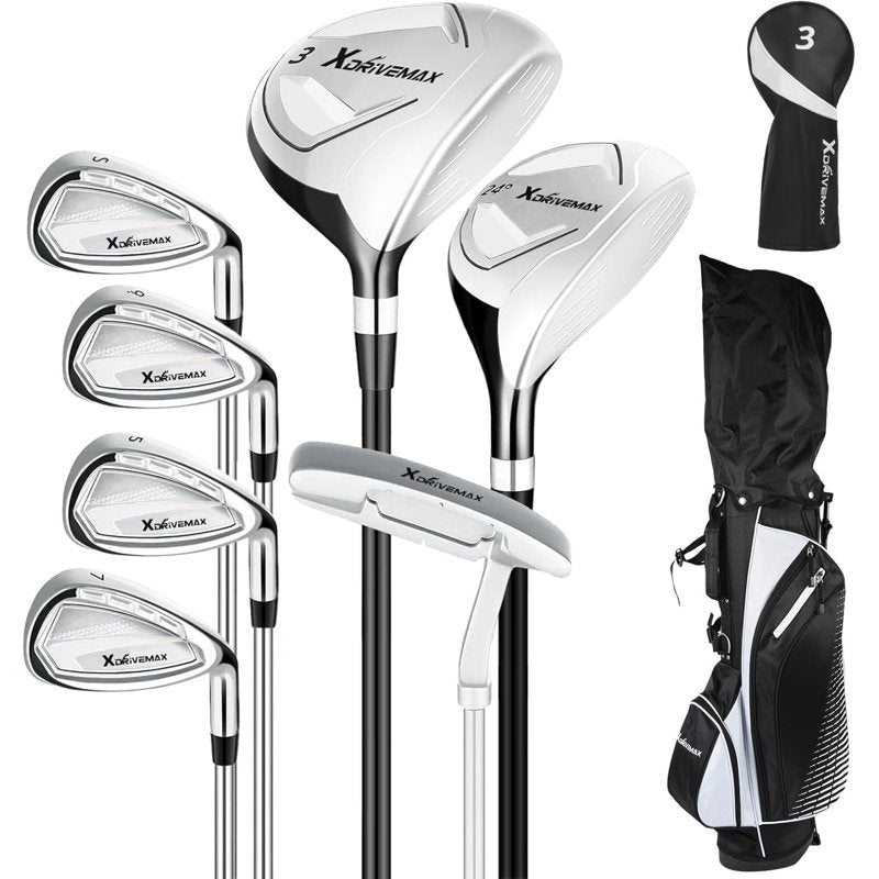 XDriveMax 8-Piece Right-Hand Golf Club Set for Men - Wood, Hybrid, Irons, Putter & Stand Bag (White) - Beginner Friendly