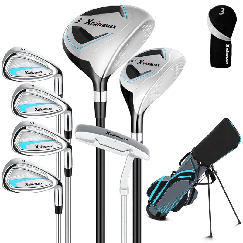 XDriveMax Left-Handed 8-Piece Women’s Golf Club Set with Stand Bag & Rain Hood - Includes Woods, Hybrids, Irons & Putter - Light Blue
