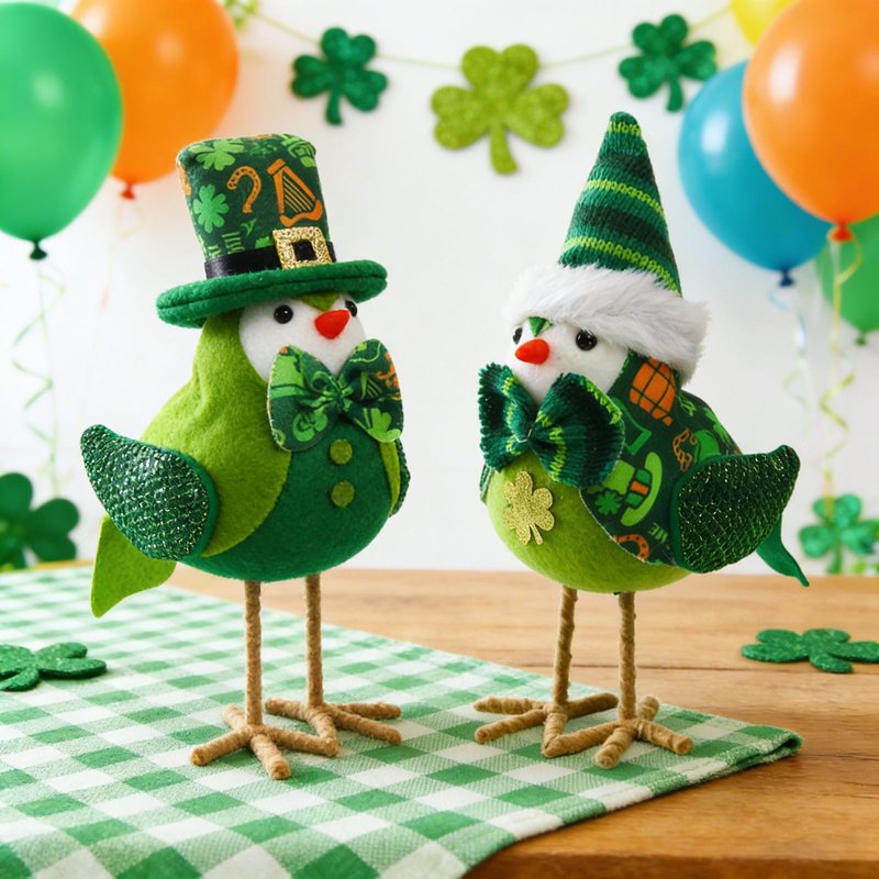 St Patrick's Day Bird Decorations Fabric Figurine with Leprechaun Hats and Shamrocks