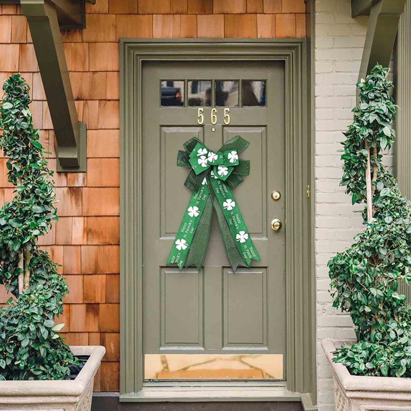 St Patrick's Day Bow for Wreath Decorations Large Burlap Green & White Glitter Shamrock