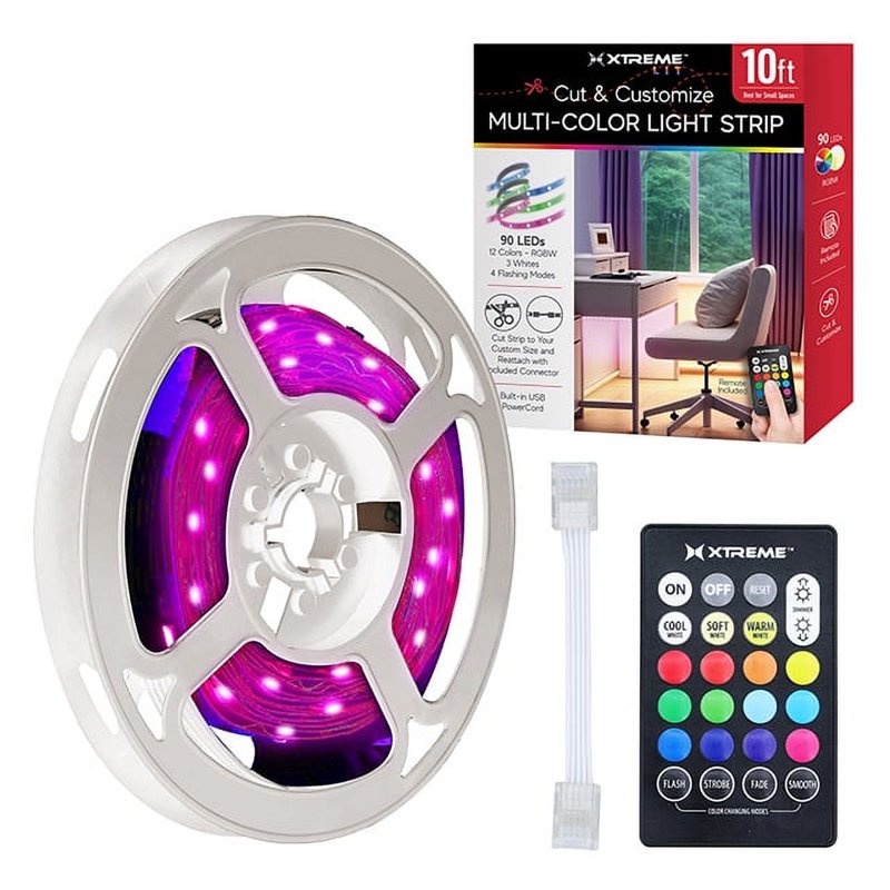 Indoor Multicolor LED Strip Lights Kit - 10ft, Cuttable, Remote Control
