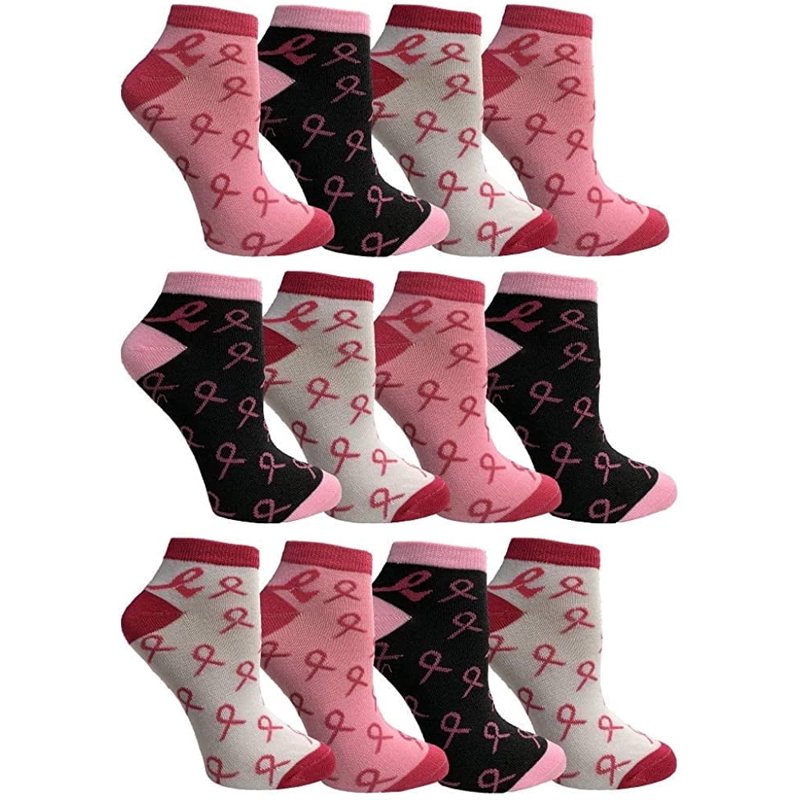 Women's Breast Cancer Awareness Socks 12 Pairs Assorted Pink Ribbon Ankle & Crew Socks