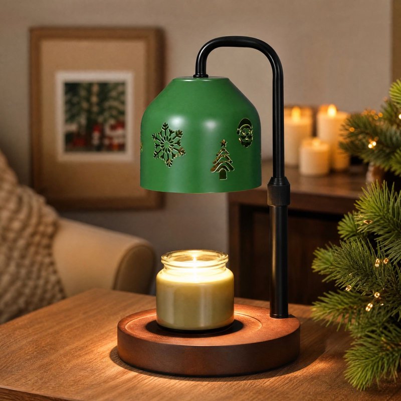 Christmas Candle Warmer Lamp - Dimmable Wax Melter with Festive Pattern and Wood Base
