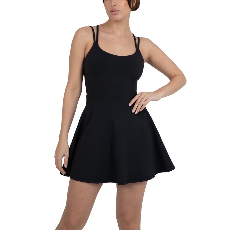 Women's Active Tennis Dress with Built-In Shorts & Supportive Straps - Black