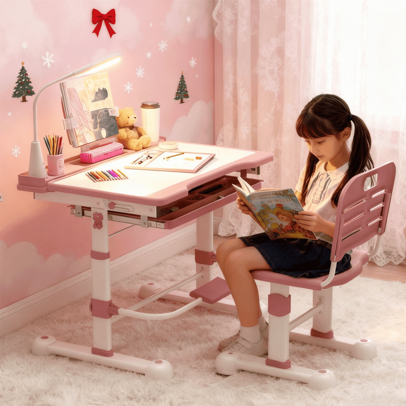 Kids Adjustable Study Desk & Chair Set with LED Light, Tilt Top, Storage Drawer