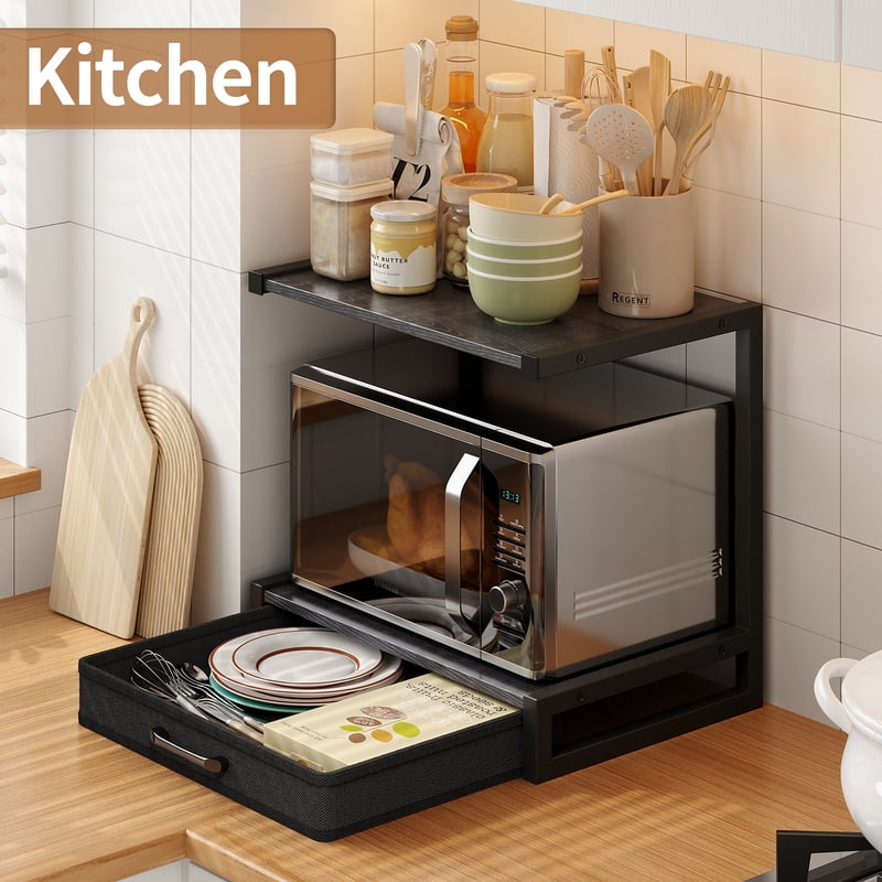 2-Tier Desktop Storage Shelf with Drawer - Printer Stand, Black, 1 Drawer (Variation: Black, 1 Drawer)