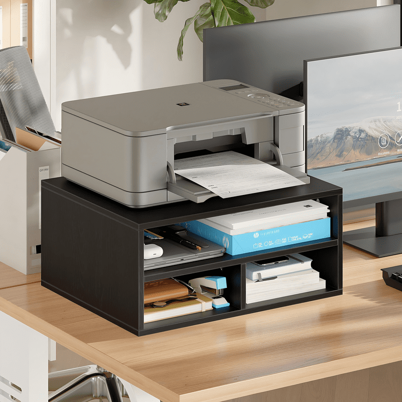 YQ JENMW Desktop Printer Stand with 2-Tier Open Storage Shelves, Black, 3 Compartments