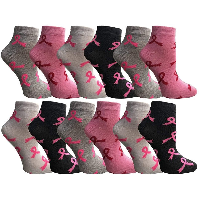 Women’s Breast Cancer Awareness Socks 12 Pairs Assorted Pink Ribbon Ankle & Crew Styles