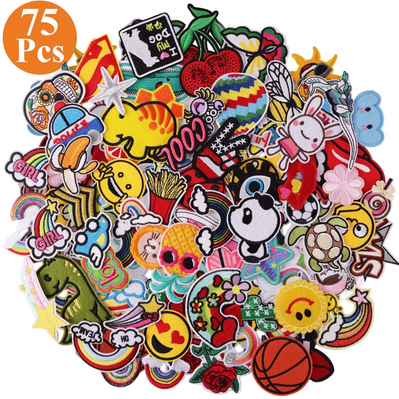 75 Pack Iron-On Embroidered Patches Assorted Styles for Clothes & DIY Projects