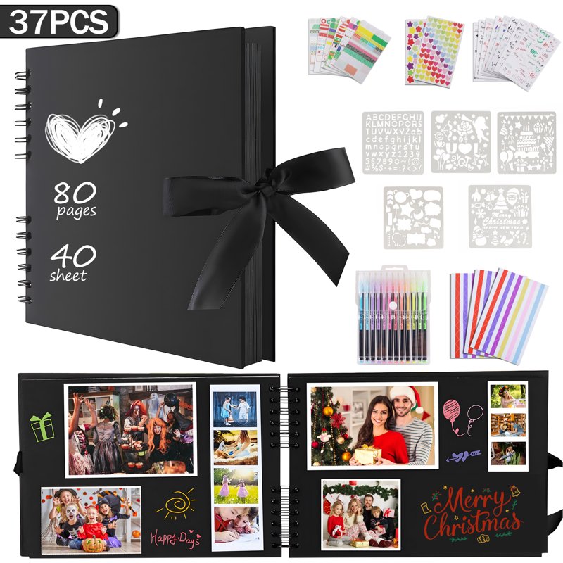 80-Page Scrapbook Album with Markers & Stickers - DIY Memory Book for Wedding, Birthday & Anniversary - Black