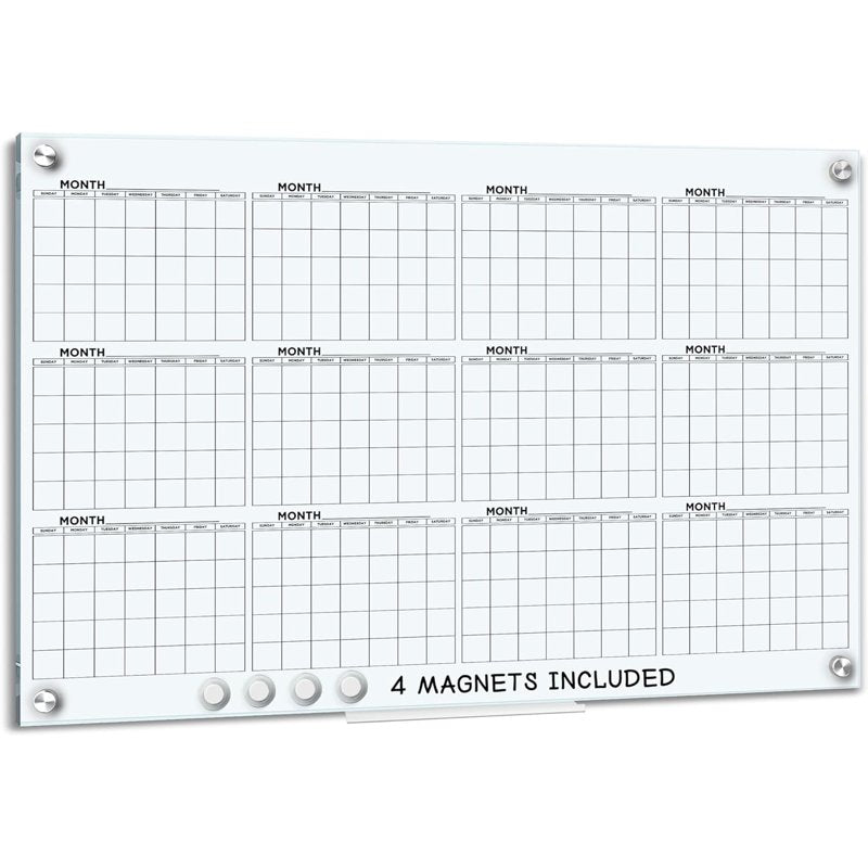 Magnetic Glass Whiteboard Calendar 24x36 Inch Wall Planner Dry Erase Board