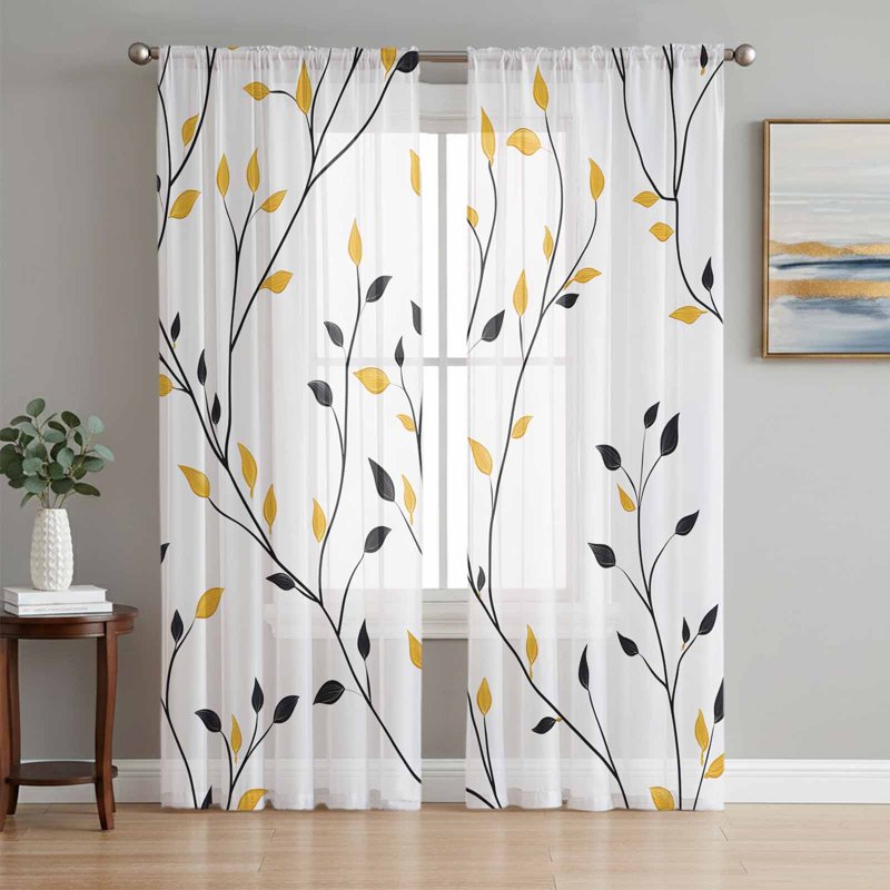 Yellow Black Leaves Sheer Curtains Set - 2 Panels, Multiple Sizes, Rustic Botanical Design