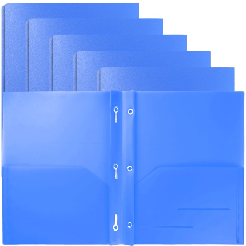 Heavy Duty Plastic Two Pocket Folder with Prongs - 6 Pack, Blue