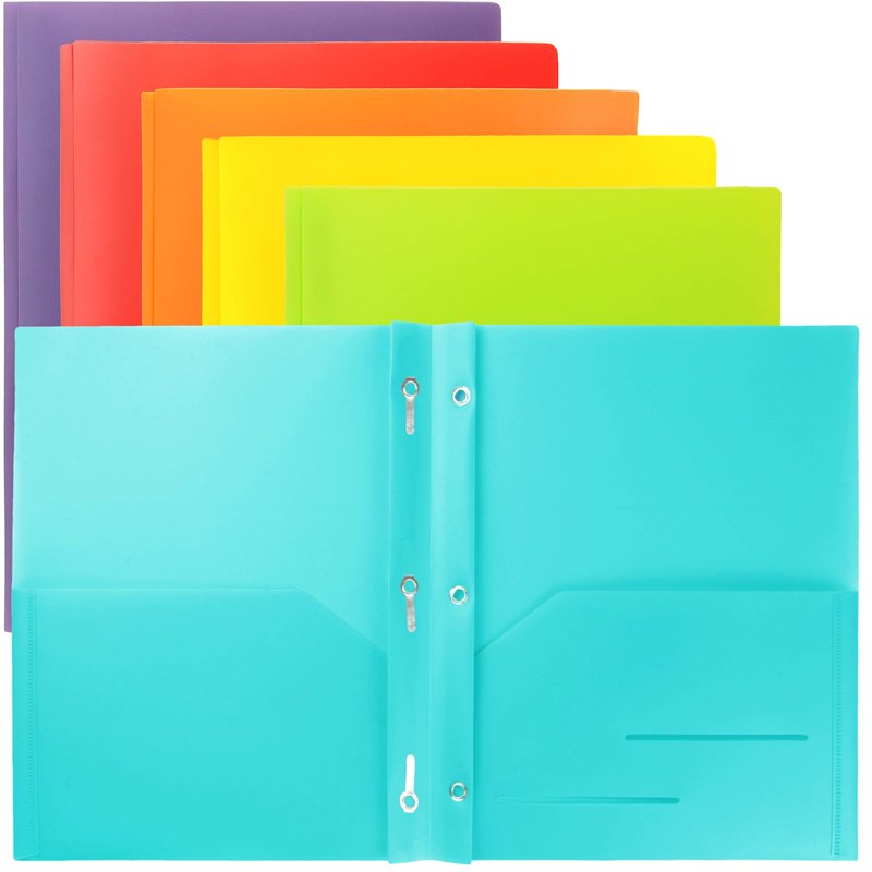 Heavy Duty Plastic Pocket Folders with Prongs - 6 Pack, 2 Pockets, Multiple Colors