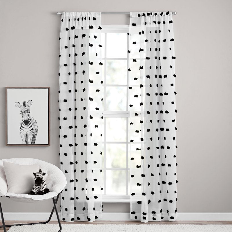 Clipped Pom Sheer Curtain Panel - White & Black, Light-Filtering, 38x84 in