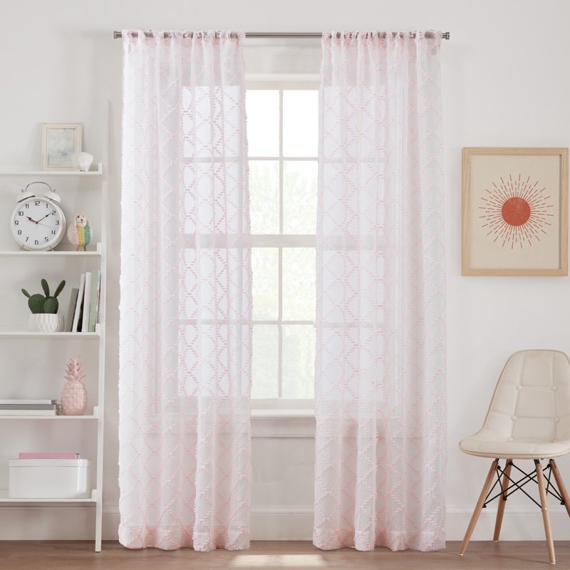 Pink Sheer Window Curtain Panel with Diamond Clip Pattern, 38 x 95 Inches