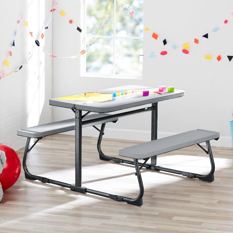Kids Folding Activity Table and Bench Set - White, 3-8 Years