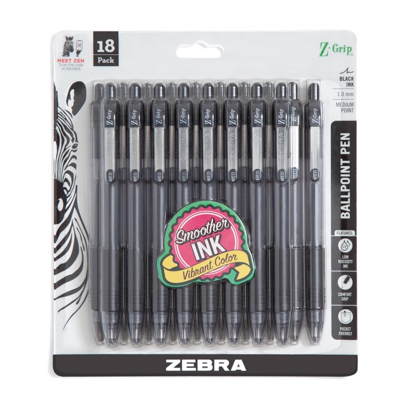 Zebra Z-Grip Retractable Ballpoint Pen 1.0mm Medium Tip Black Ink 18 Pack