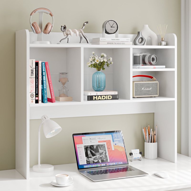 Desktop Bookshelf Storage Hutch with 4 Shelves - White Wood Frame Space Saver