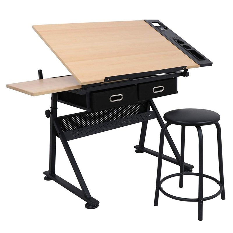Adjustable Height Drafting Table with Stool and Drawer - Art & Drafting Desk, Black