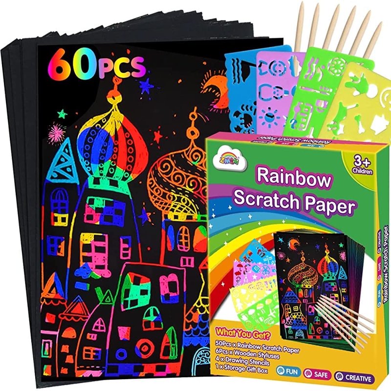 Rainbow Scratch Art Paper Kit for Kids with Wooden Stylus & Stencils