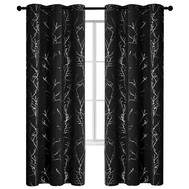 Blackout Thermal Insulated Curtains - Room Darkening Drapes with Tree Branch Pattern