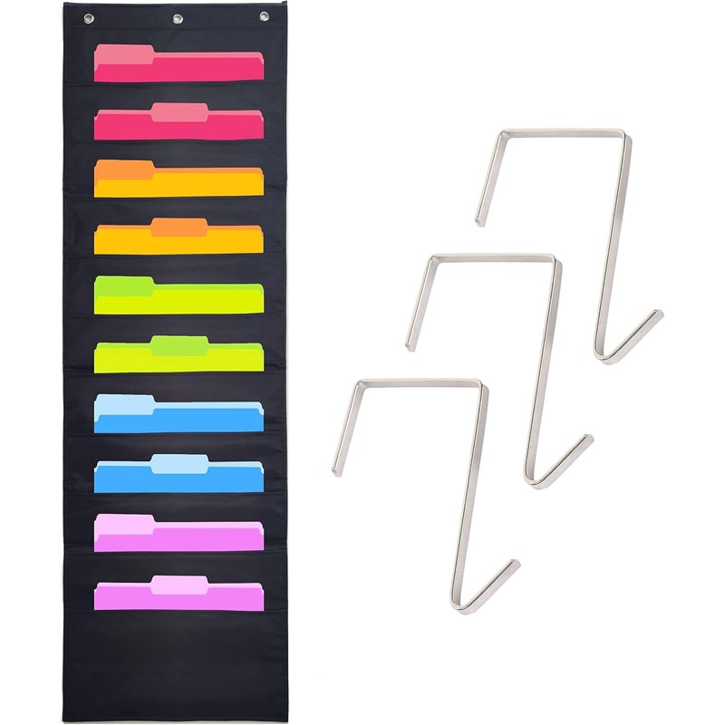 Wall Hanging File Organizer with 10 Pockets & Metal Hooks - Office & Classroom Storage
