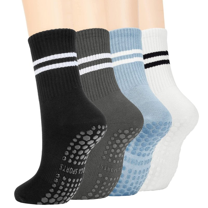 4 Pairs Long Grip Socks for Women – Non Slip Yoga Pilates Hospital Dance Socks (Variation: 4 Pairs-Mixed 1)