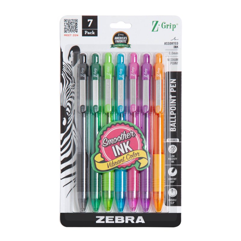 Zebra Z-Grip Retractable Ballpoint Pens 1.0mm Assorted 7 Pack