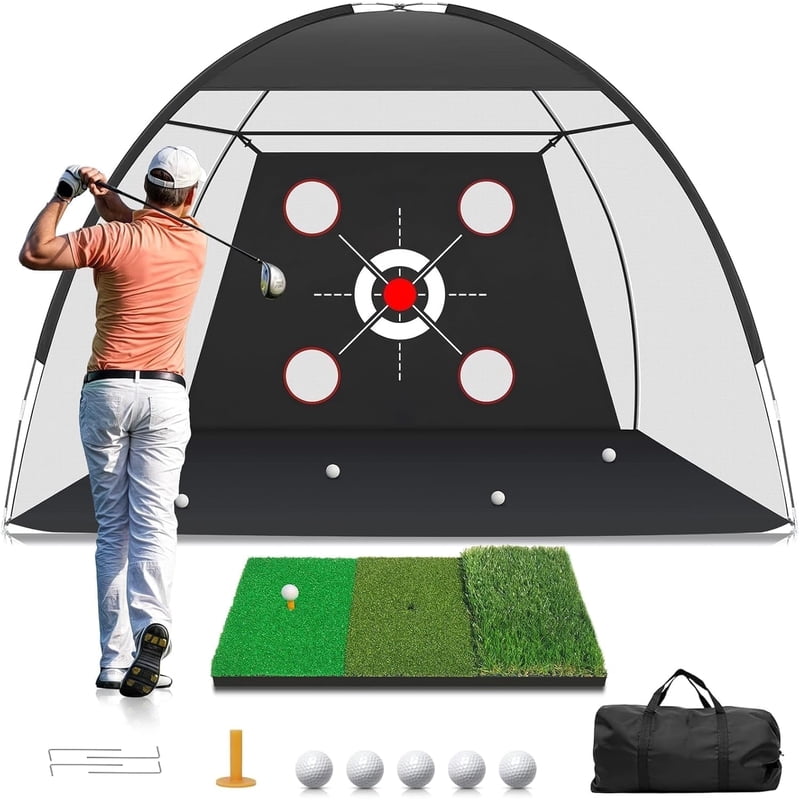 Golf Net with Practice Mat 10x7ft - Hitting Aids for Backyard Golf Training, Indoor/Outdoor