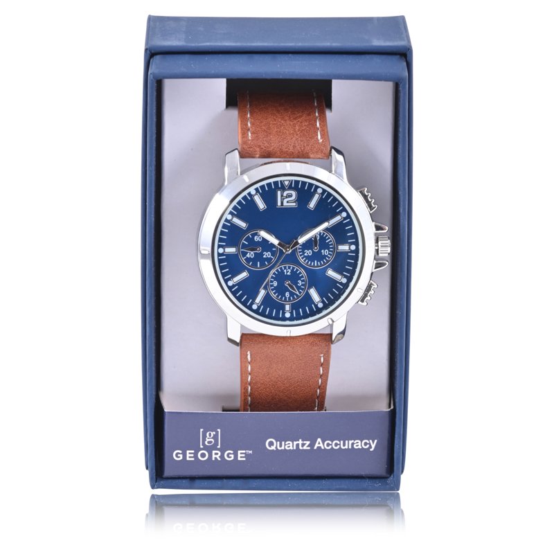 Adult Male Analog Watch with Silver Dial and Brown Strap - Water Resistant