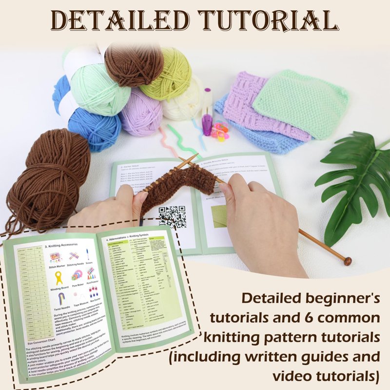 Beginner Knitting Kit for 6 Patterns with Yarn Needles & Accessories