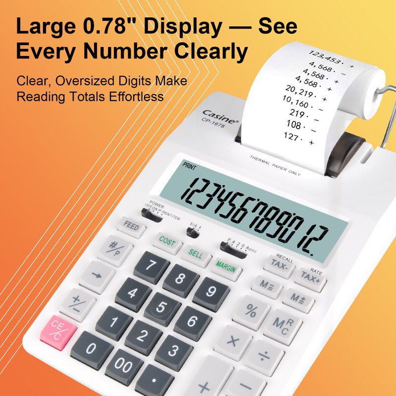 Thermal Printing Calculator with 12-Digit LCD, Fast 4 Lines/sec, Home & Office