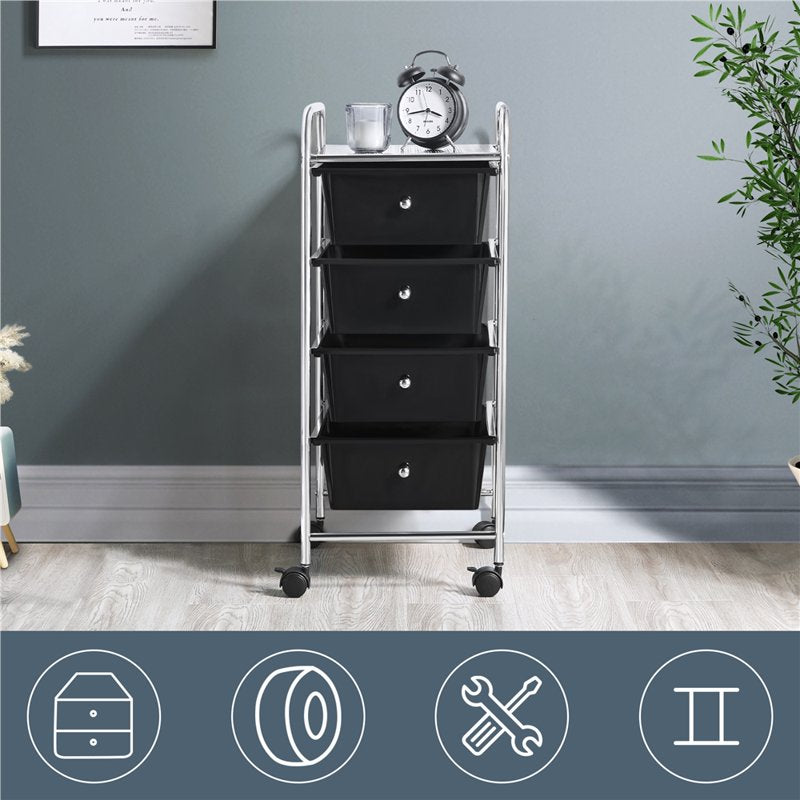 4-Drawer Metal Frame Storage Cart with Lockable Wheels, Black