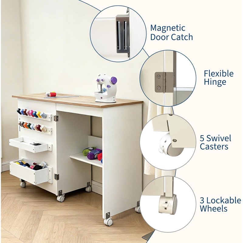 Portable Folding Sewing Table with Wheels, Storage Shelves & Trays